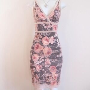 floral mesh bodycon dress pink black lace y2k romantic size S